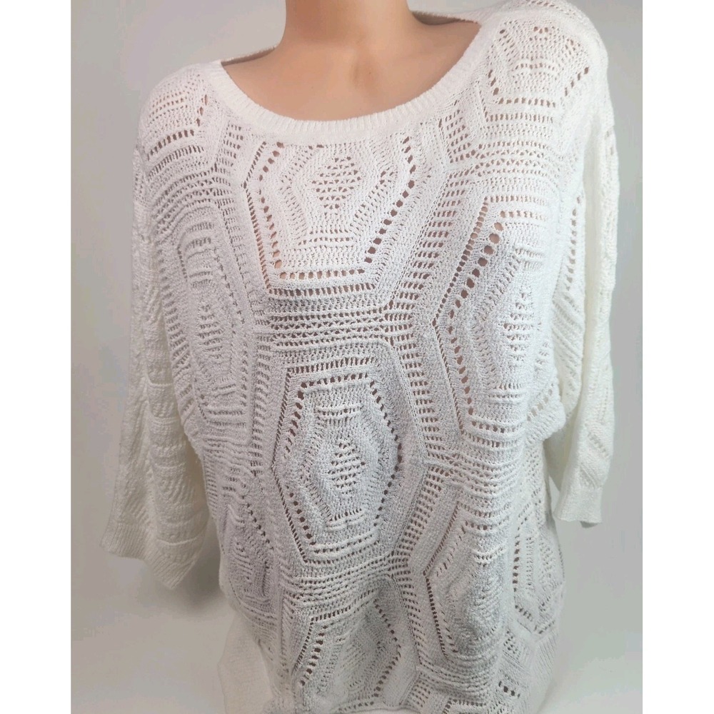 J Jill Windsor Open Knit Crochet Pattern Sweater Size XL White 3/4 Sleeves